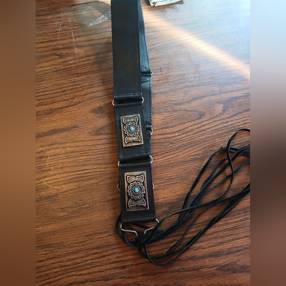 Women's Black Leather Belt with Decorative Buckles - Picture 3 of 8